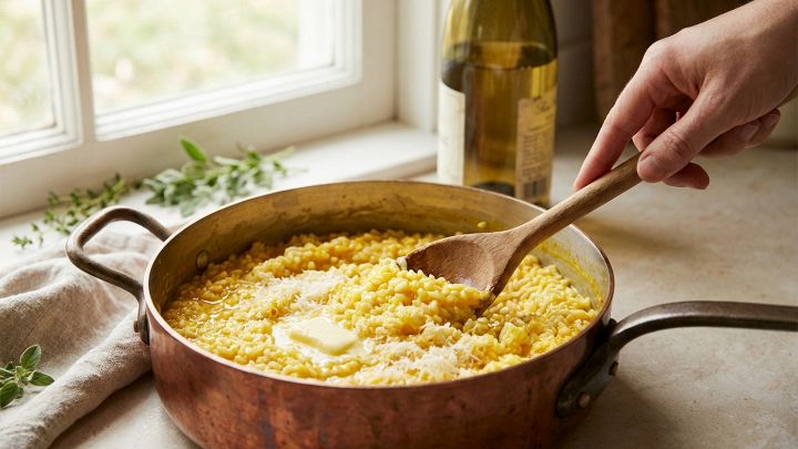 Primo piano di un risotto cremoso e mantecato alla perfezione, servito in una casseruola in stile naturale. Colori caldi e invitanti.
