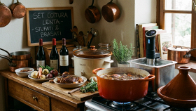 Un set completo di strumenti da cucina per la cottura lenta, ideali per preparare stufati e brasati saporiti.