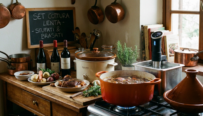 Un set completo di strumenti da cucina per la cottura lenta, ideali per preparare stufati e brasati saporiti.