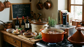 Un set completo di strumenti da cucina per la cottura lenta, ideali per preparare stufati e brasati saporiti.