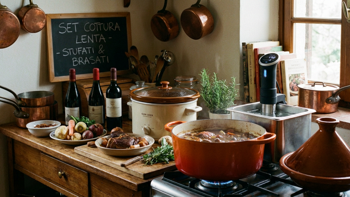 Un set completo di strumenti da cucina per la cottura lenta, ideali per preparare stufati e brasati saporiti.