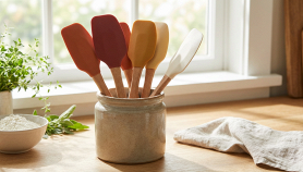 Primo piano su spatole da cucina in silicone, dai colori caldi e luminosi, con luce naturale che crea un'atmosfera serena.