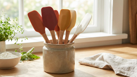 Primo piano su spatole da cucina in silicone, dai colori caldi e luminosi, con luce naturale che crea un'atmosfera serena.