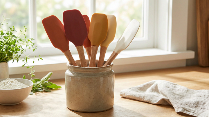 Primo piano su spatole da cucina in silicone, dai colori caldi e luminosi, con luce naturale che crea un'atmosfera serena.