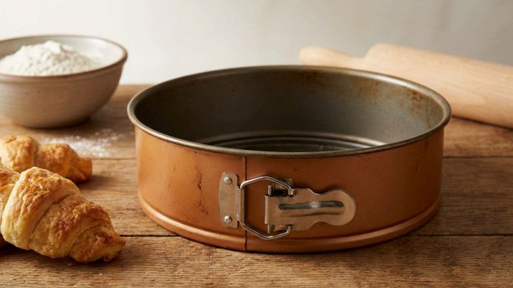 Stampo apribile a cerniera rotondo color rame posato su un tavolo di legno rustico, con una ciotola di farina e croissant sullo sfondo.