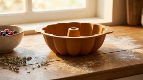 Stampo in silicone per dolci a forma di ciambella color terracotta, posato su un tavolo di legno infarinato accanto a una ciotola di frutti di bosco.