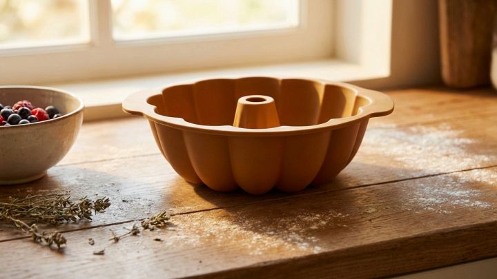 Stampo in silicone per dolci a forma di ciambella color terracotta, posato su un tavolo di legno infarinato accanto a una ciotola di frutti di bosco.