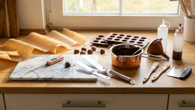 Primo piano di vari strumenti per lavorare il cioccolato a casa, come spatole, termometro e stampi, su una superficie chiara.