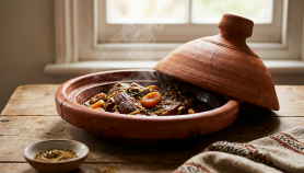 Primo piano di una tajine in terracotta marocchina, con coperchio conico, pronta per la cottura lenta. Illuminazione naturale, toni caldi.