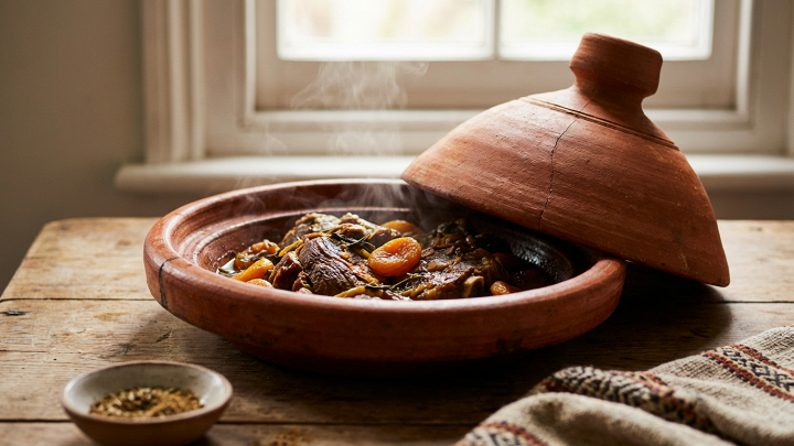 Primo piano di una tajine in terracotta marocchina, con coperchio conico, pronta per la cottura lenta. Illuminazione naturale, toni caldi.