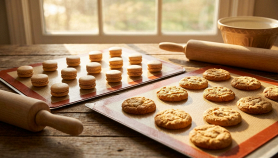 Primo piano di tappetini antiaderenti per cottura, illuminati da luce naturale, con tonalità calde e atmosfera pacifica.