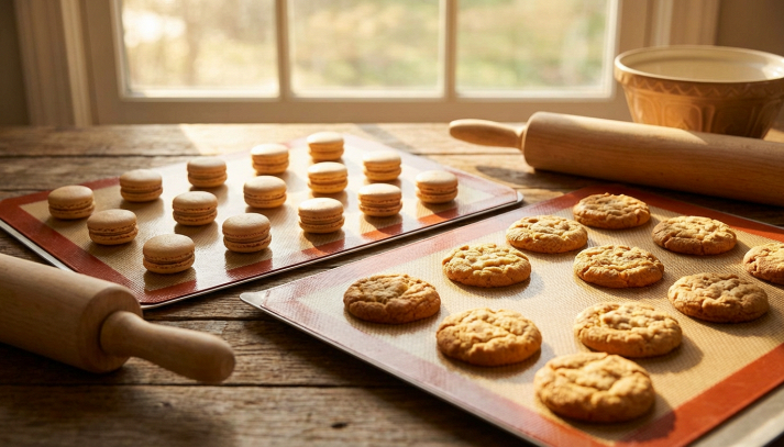 Primo piano di tappetini antiaderenti per cottura, illuminati da luce naturale, con tonalità calde e atmosfera pacifica.