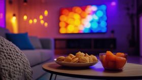 Televisione sullo sfondo con cibo da sgranocchiare in primo piano