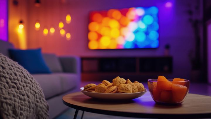 Televisione sullo sfondo con cibo da sgranocchiare in primo piano