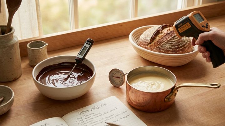 Termometro digitale a sonda immerso in una ciotola di cioccolato fuso, affiancato da un termometro a infrarossi e uno analogico su un tavolo da lavoro in legno.