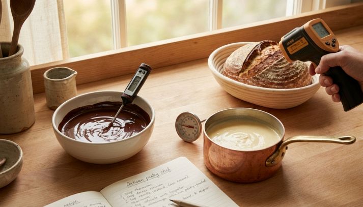 Termometro digitale a sonda immerso in una ciotola di cioccolato fuso, affiancato da un termometro a infrarossi e uno analogico su un tavolo da lavoro in legno.