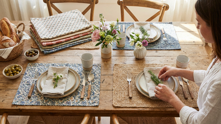 Vari tipi di tovagliette per la tavola, con diverse fantasie e materiali, disposte su un tavolo apparecchiato con eleganza.