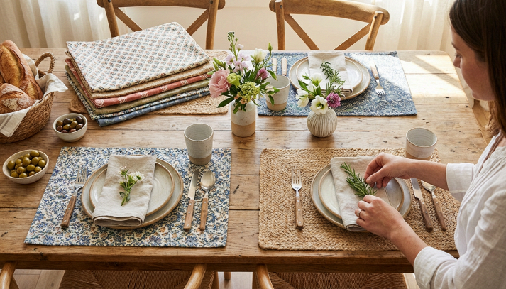 Vari tipi di tovagliette per la tavola, con diverse fantasie e materiali, disposte su un tavolo apparecchiato con eleganza.
