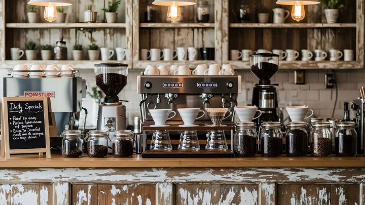 Interno di una caffetteria con bancone, macchine e caffè in grani