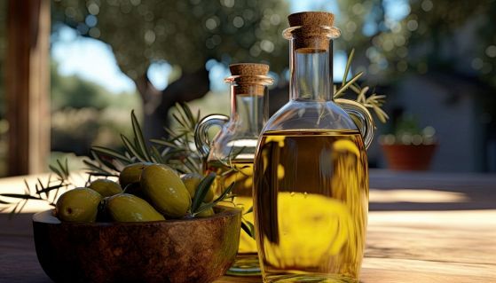 Ampolle olio d'oliva su un tavolo immerso in un uliveto