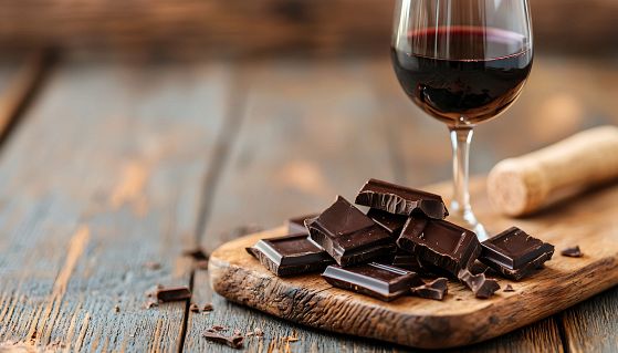 Calice di vino rosso con quadratini di cioccolata fondente
