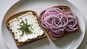 Due fette di pane integrale tostato con spalmabile e cipolla