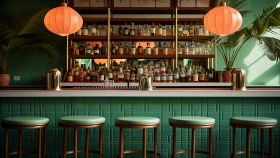 Interno di un bar vintage con sgabelli verdi e dorati