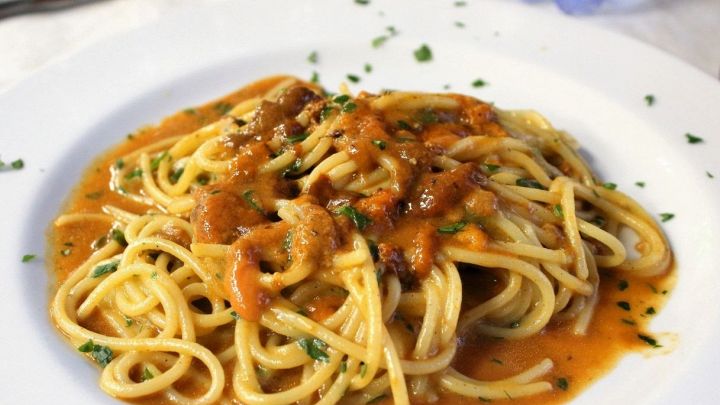 Piatto di spaghetti con sugo di polpa di ricci di mare