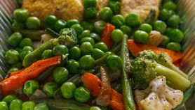 Piselli, peperoni, cavoli e broccoli al forno con scaloppine di pollo