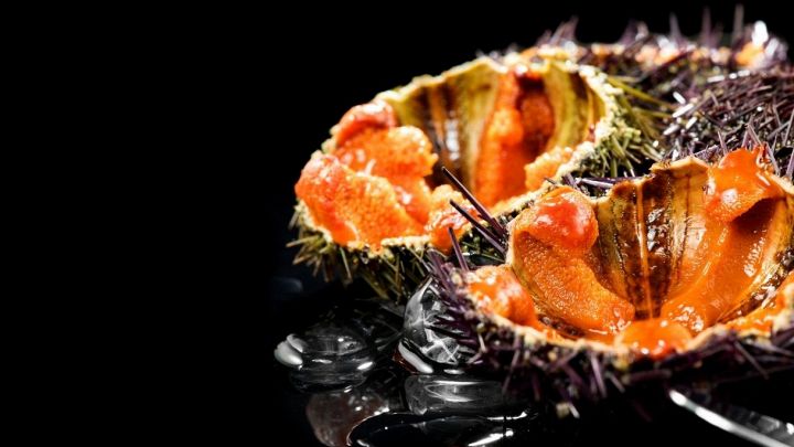 Primo piano di due ricci di mare aperti con polpa rossa