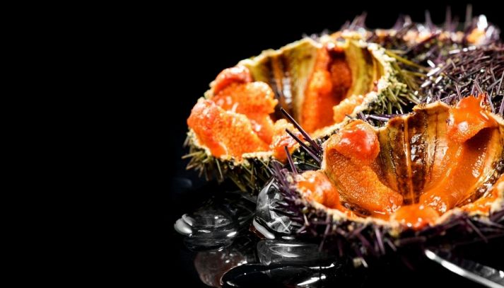 Primo piano di due ricci di mare aperti con polpa rossa
