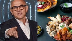 Bruno Barbieri accanto a dei piatti tipici della cucina libanese