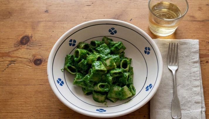 Ciotola con pasta agli spinaci pronta da mangiare