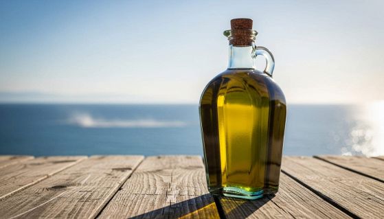 Bottiglia di olio sul tavolo con sfondo marino