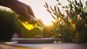 Mano versa olio d'oliva dalla bottiglietta nel piatto
