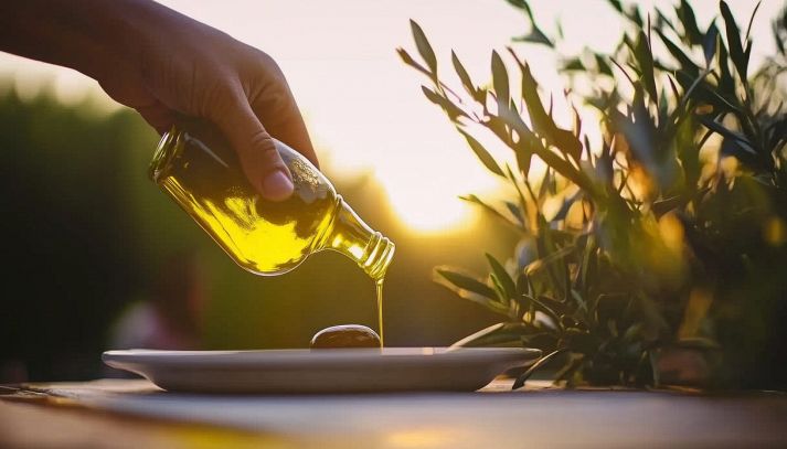 Mano versa olio d'oliva dalla bottiglietta nel piatto