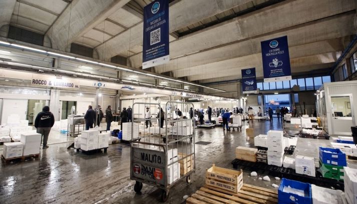 Visuale del mercato ittico di Milano, di notte