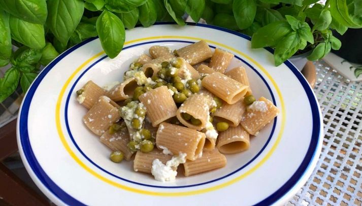 Piatto con pasta fredda con ricotta e piselli