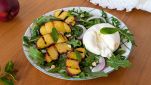 Piatto di pesche grigliate con burrata e menta