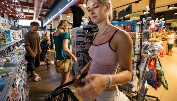 Una turista con un carello portatile fa spesa in un supermarket