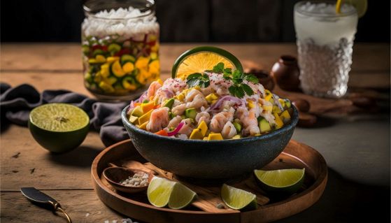 Una ciotola di ceviche sul tavolo con cocktail e lime