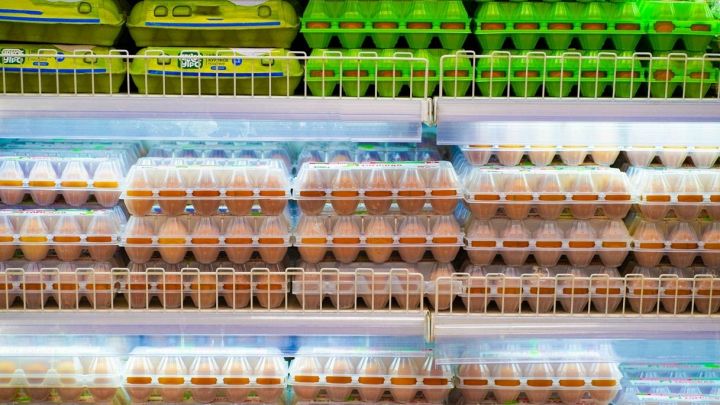 Confezioni di uova sullo scaffale del supermarket