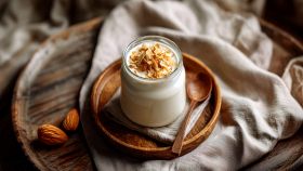 Crema di mandorle nel vasetto con piatto e cucchiaio di legno