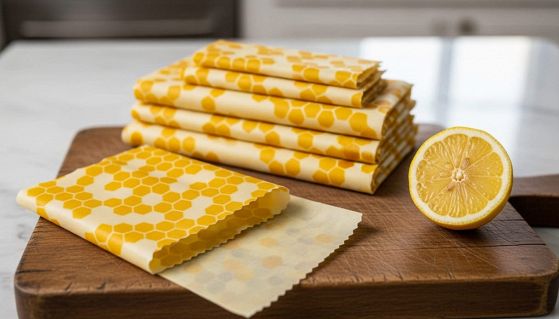Fogli di cera d'api di diverse dimensioni con mezzo limone fresco sul tavolo