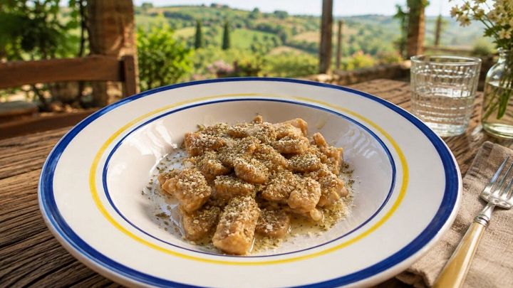 Piatto di gnocchi al limone con campagna sullo sfondo