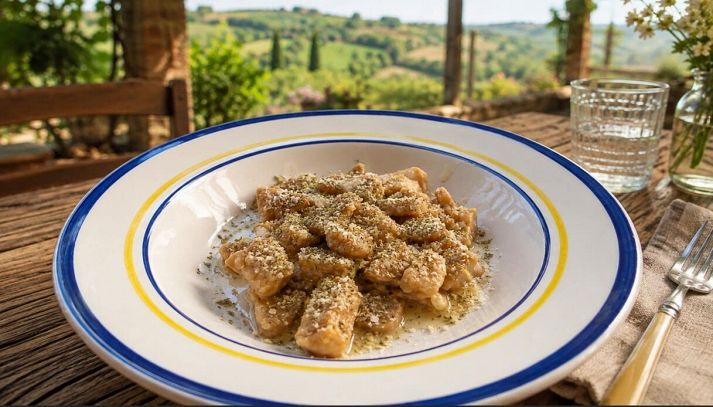 Piatto di gnocchi al limone con campagna sullo sfondo