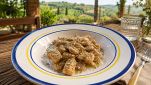 Piatto di gnocchi al limone con campagna sullo sfondo