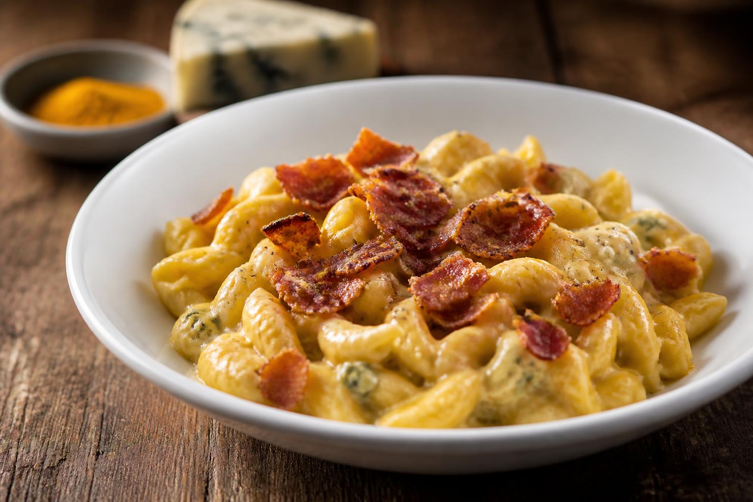 Pasta gorgonzola, curry e speck