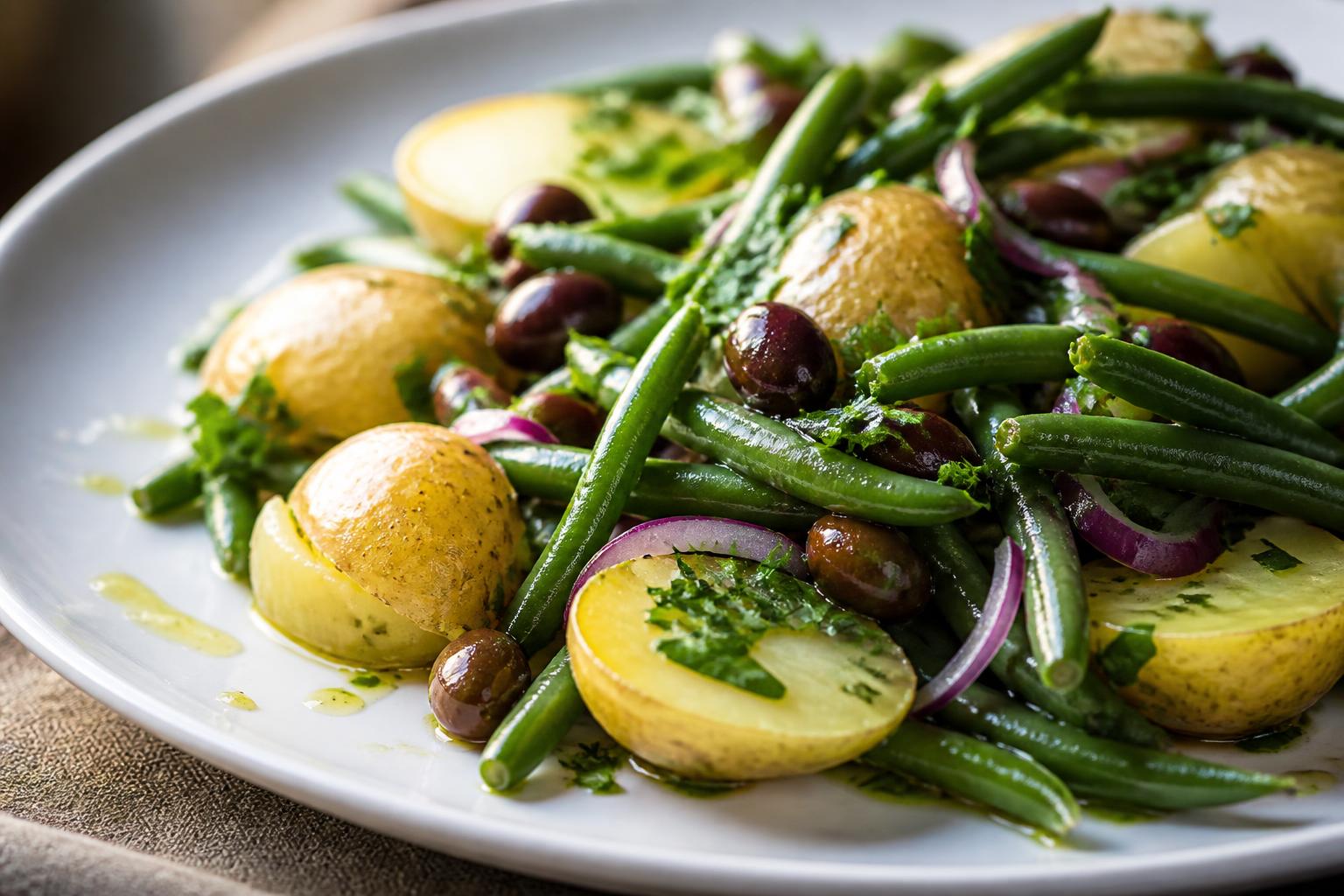 Insalata di fagiolini, patate novelle e olive taggiasche