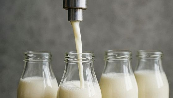Tre bottiglie di latte vaccino vengono riempite da un erogatore